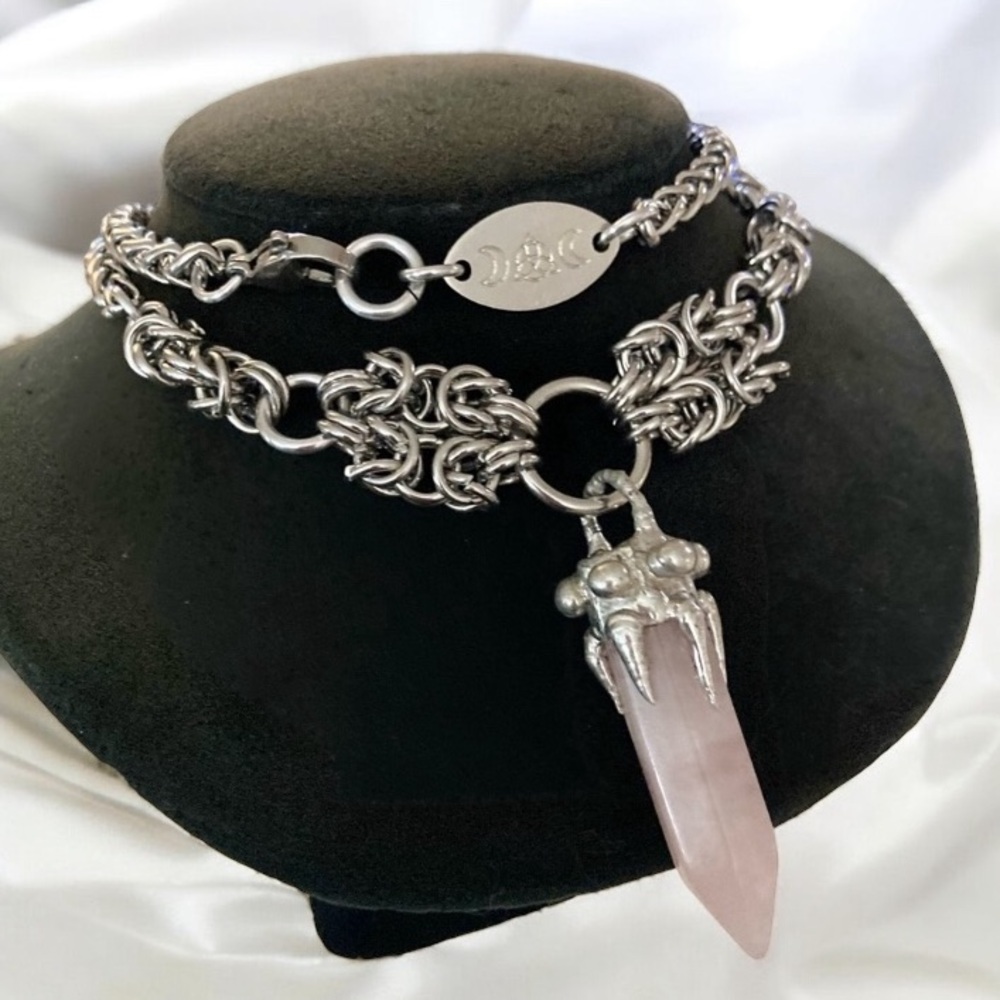 Stainless steel Handmade maille necklace rose quartz crystal boho necklace